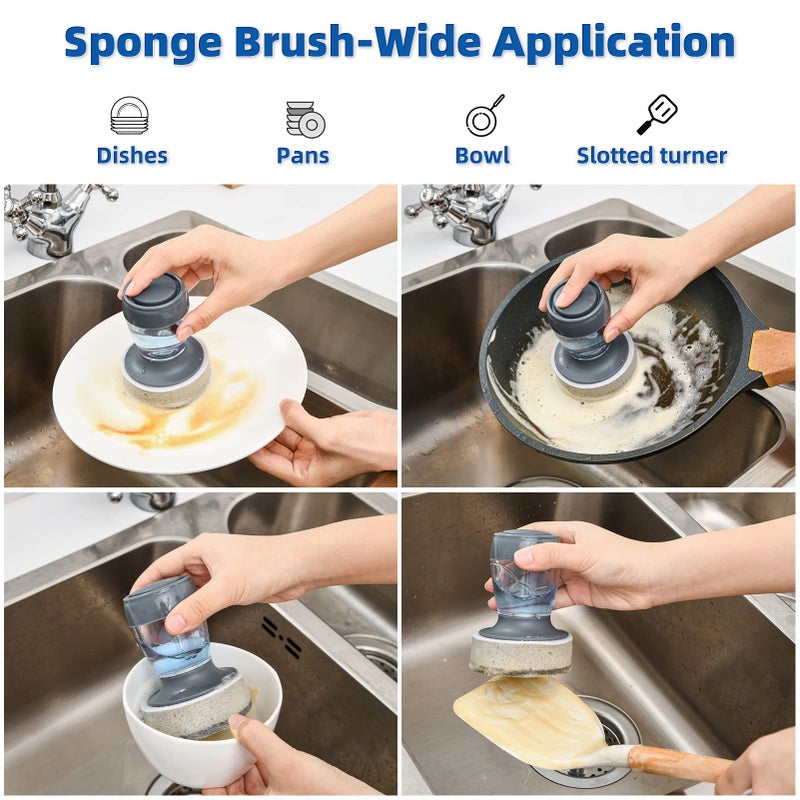 SUBEKYU Dish Brush with Soap Dispenser  Kitchen Dish Scrubbers Set with Draining Tray for Washing Dishes/Pots  Grey  Set of 2 - Image 5